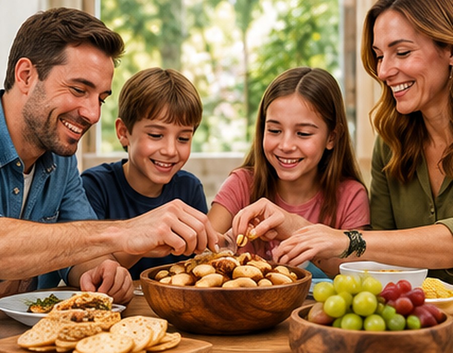 Family sharing a bowl of Brazil nuts around a table